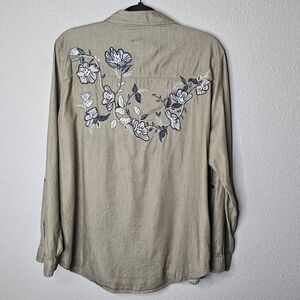 Westport Womens XL Button Up Shirt‎ Embroidered Floral Green Blue Fairy Boho